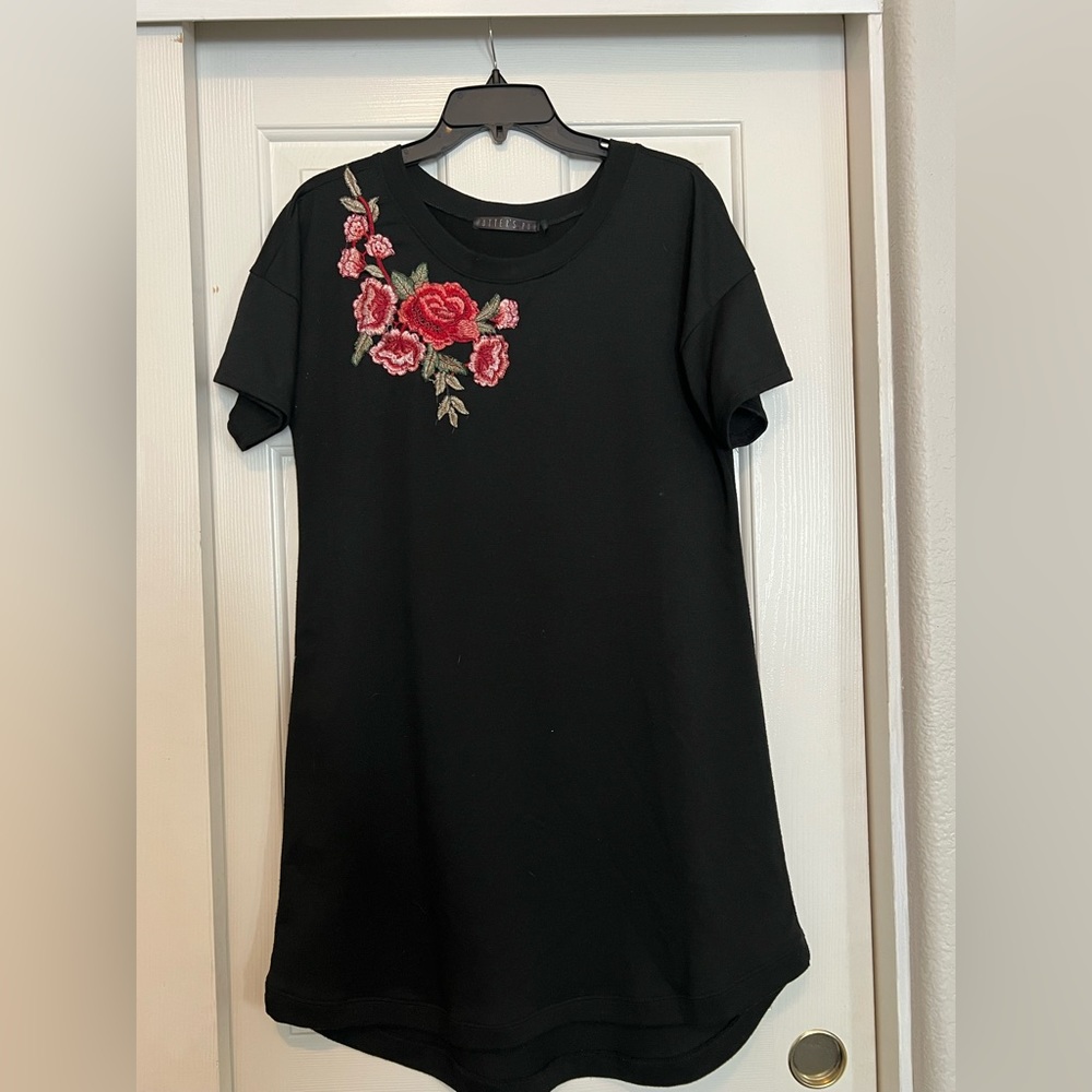 T-Shirt Dress, with rosé embroidery on right shoulder.
